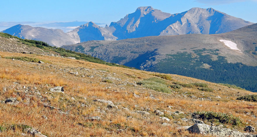 View of Chiefs Head Peak, Pagoda Mountain, Longs Peak, and Mount Meeker from the Mt Audubon Trail