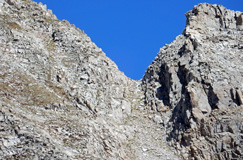 View of the notch at the top of Mt Audubon&rsquo;s SE Ridge from between Mitchell Lake and Blue Lake