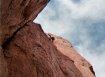 Straight up shot of climber on Cactus Cliff at Shelf Road