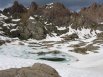 Looking west at Twin Lakes, still mostly iced up on July 4th, while descending from Mt Windom, San Juan Mountains, Colorado