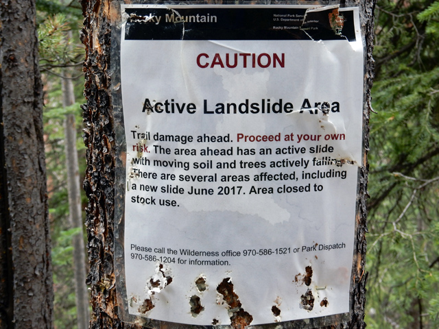Active Landslide Warning sign on Timber Lake Trail in Rocky Mountain National Park